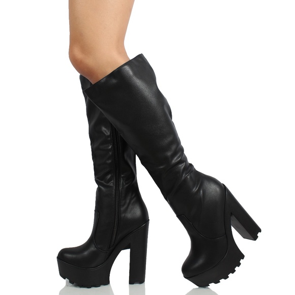 Black Faux Leather Lug Platform Block Heel Knee Hi - Picture 2 of 5